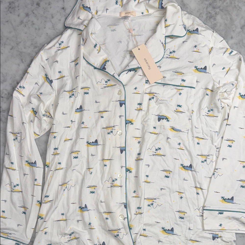 Eberjey White Printed Button-Up Pajama Top with Blue and Yellow Accents